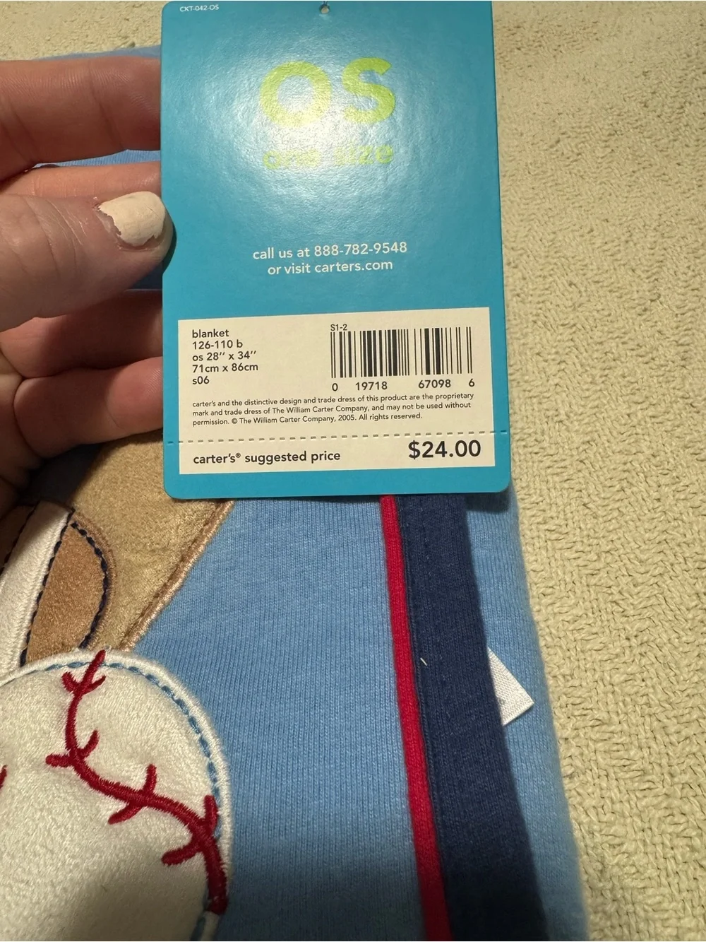 Carter's Light Blue Baby Sports Applique Blanket with Navy Trim